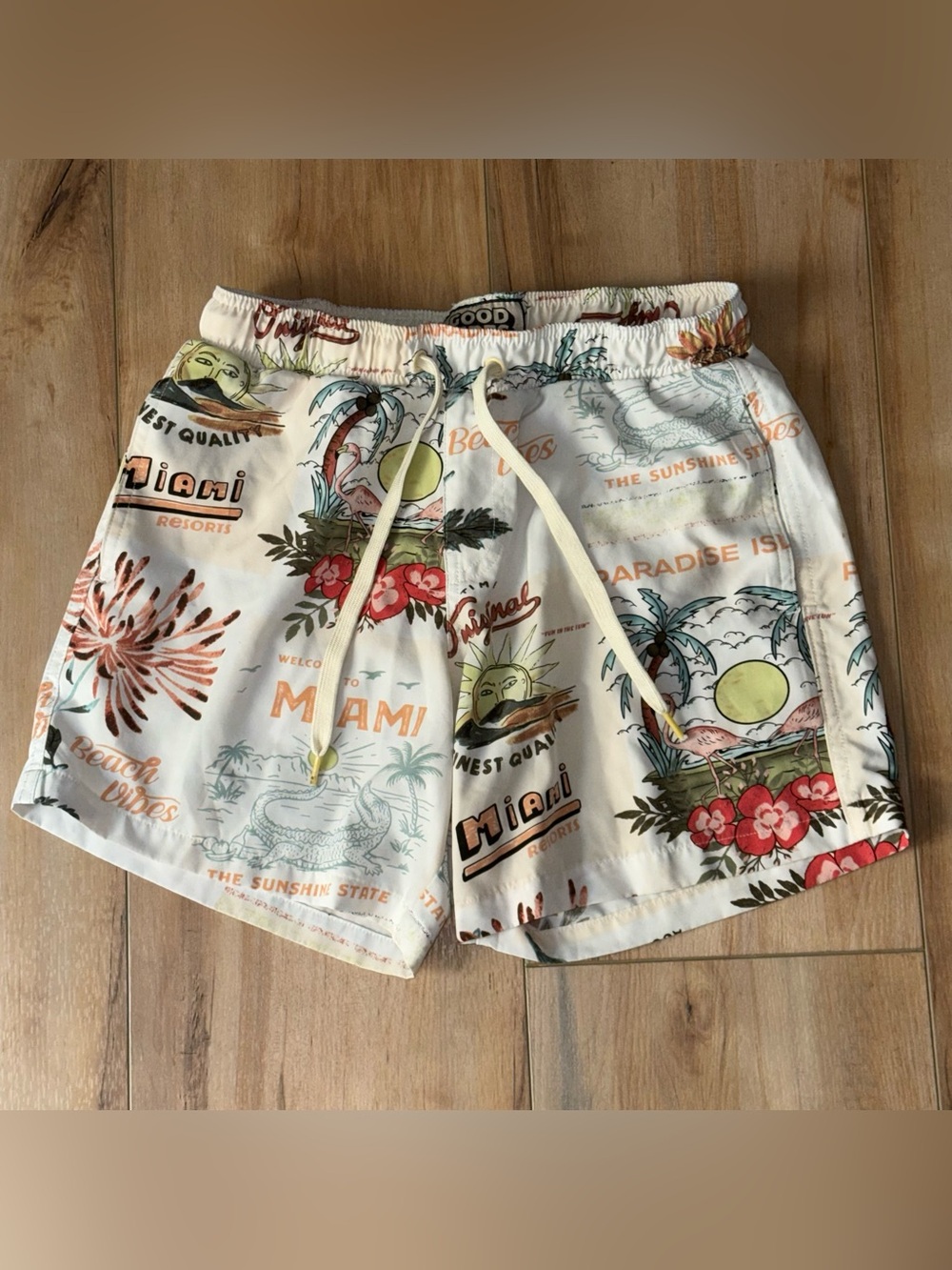 Printed Miami Graphic Swim Trunks - Short 5” Inseam Off White Mens Bathing Suit